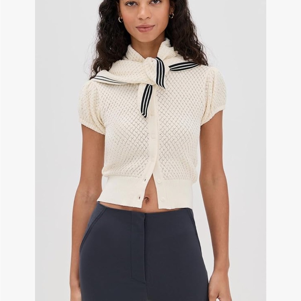 For Love & Lemons Cream Short Sleeve Knit Cardigan with Striped Scarf Detail
